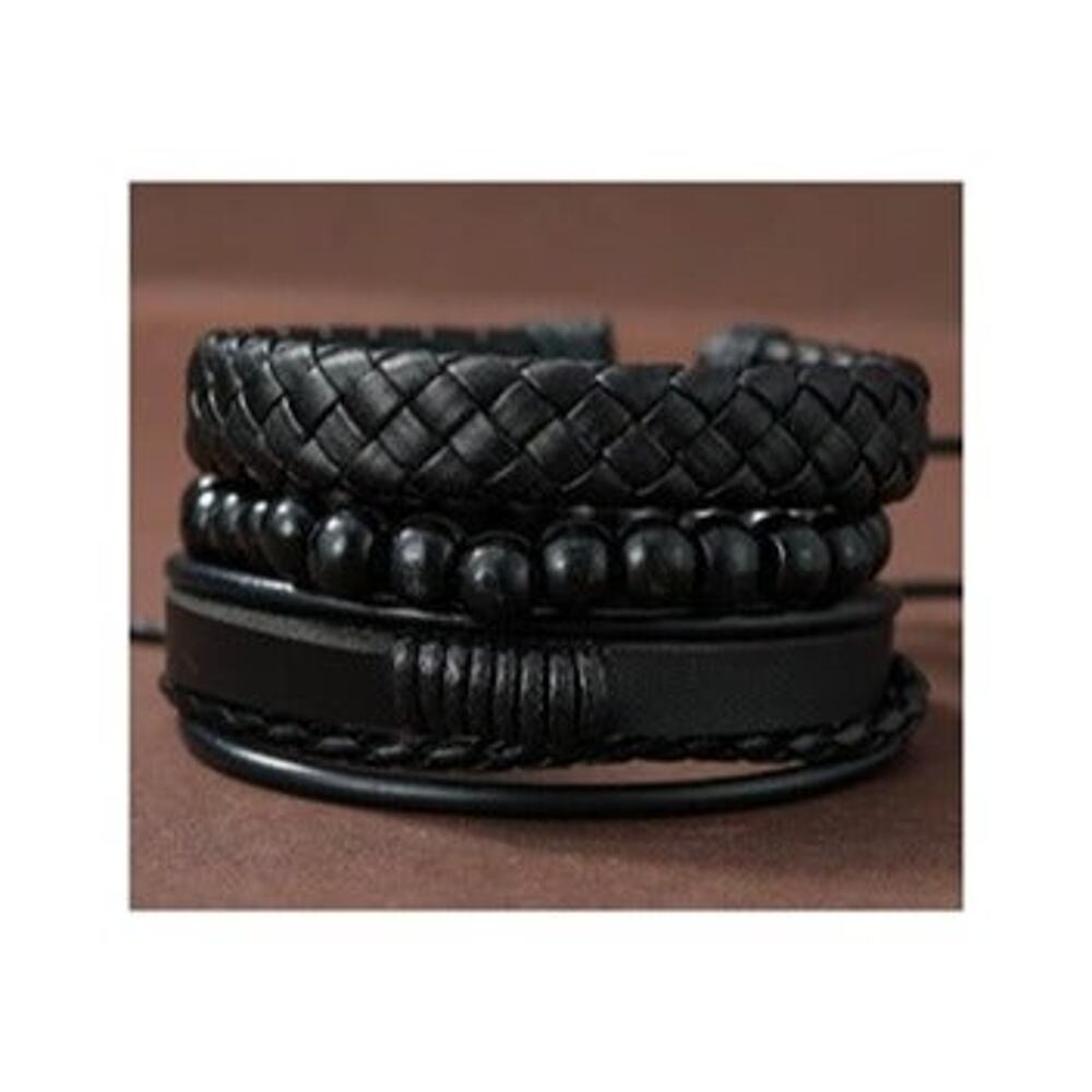 3pcs Men's Vintage Black Leather Woven Handmade Bracelet